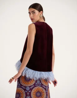 La DoubleJ Camicie E Top<La Scala TopSolid Burgandy in Cotton Velvet With Feathers