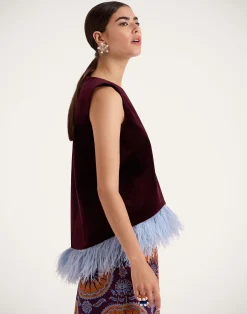 La DoubleJ Camicie E Top<La Scala TopSolid Burgandy in Cotton Velvet With Feathers