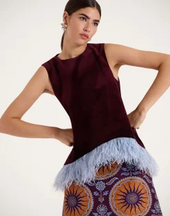 La DoubleJ Camicie E Top<La Scala TopSolid Burgandy in Cotton Velvet With Feathers