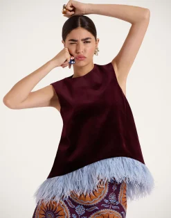 La DoubleJ Camicie E Top<La Scala TopSolid Burgandy in Cotton Velvet With Feathers