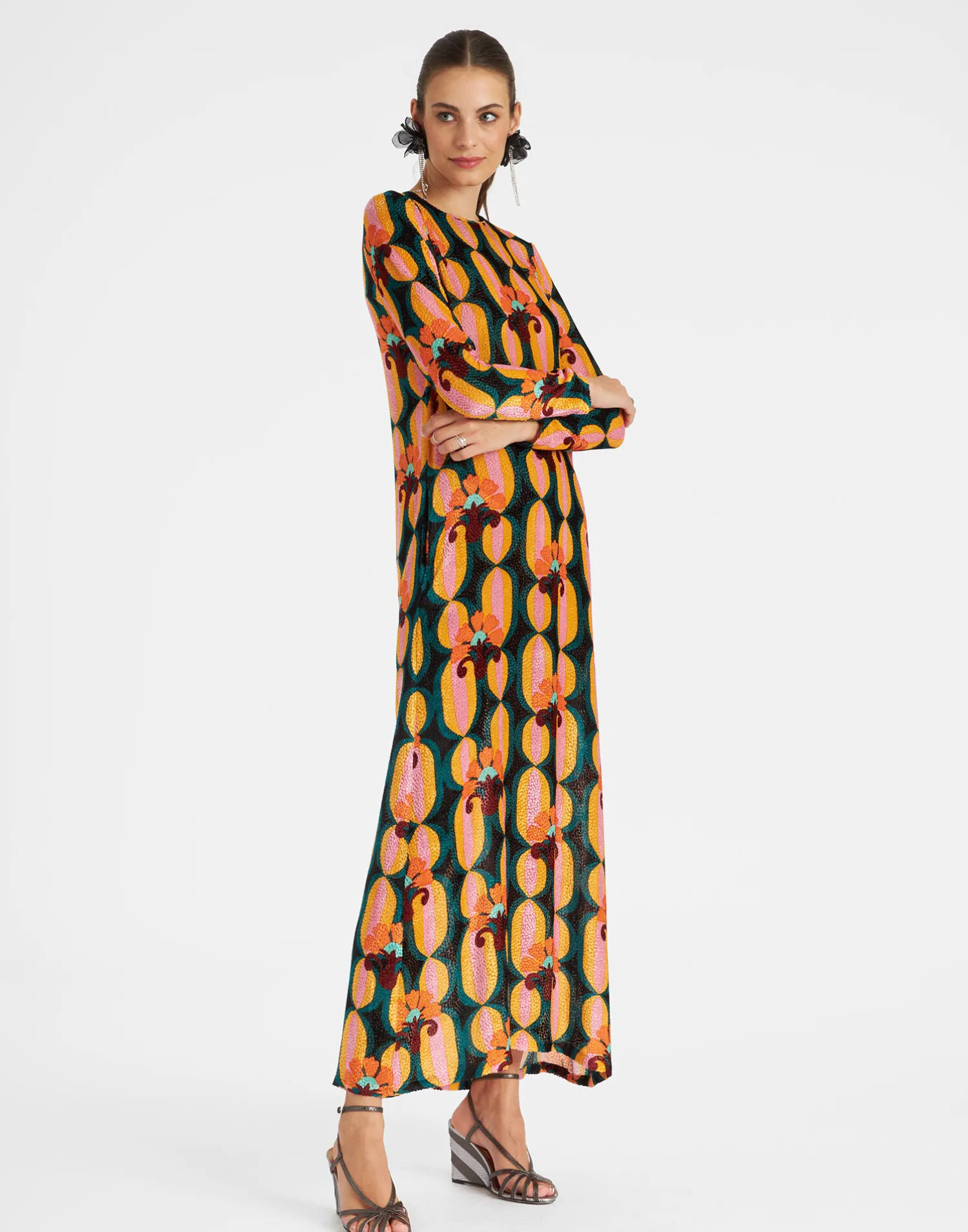 La DoubleJ Vestiti<Long Sleeve Swing DressArcturus Blue Petrol in Velvet Devoré