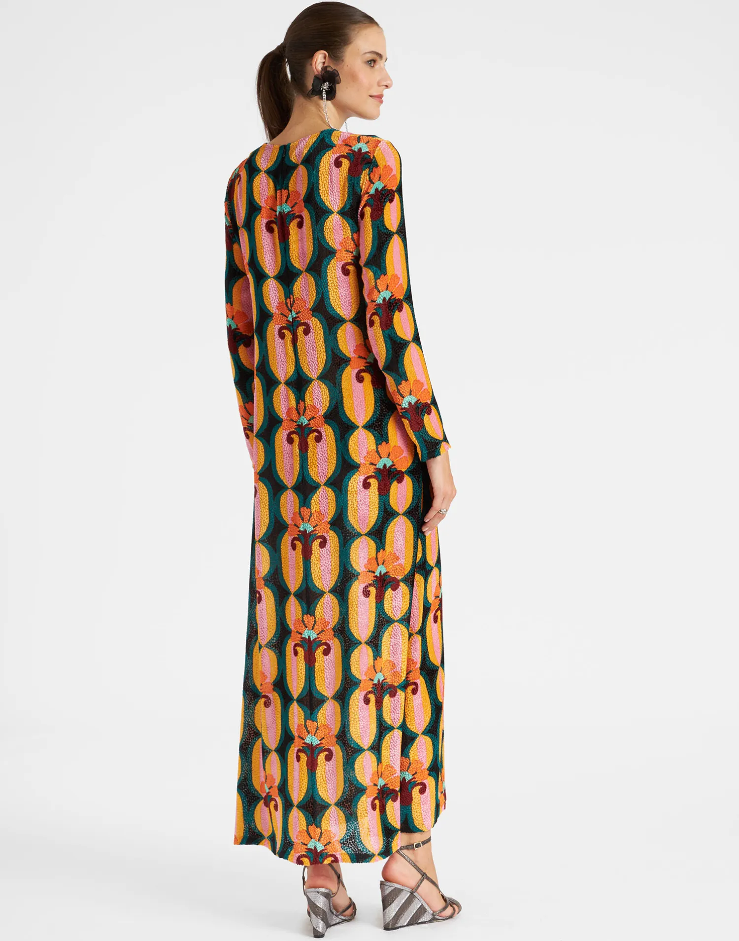 La DoubleJ Vestiti<Long Sleeve Swing DressArcturus Blue Petrol in Velvet Devoré