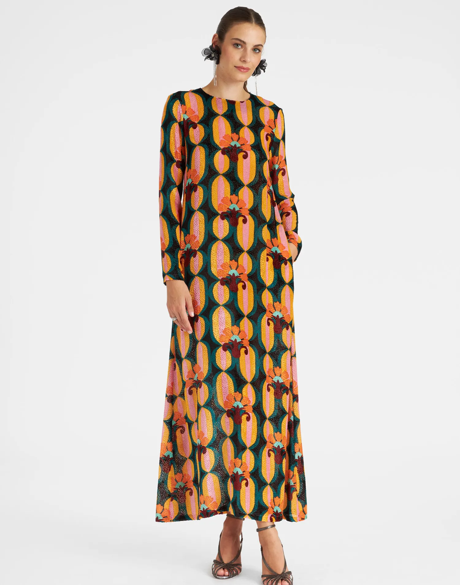 La DoubleJ Vestiti<Long Sleeve Swing DressArcturus Blue Petrol in Velvet Devoré