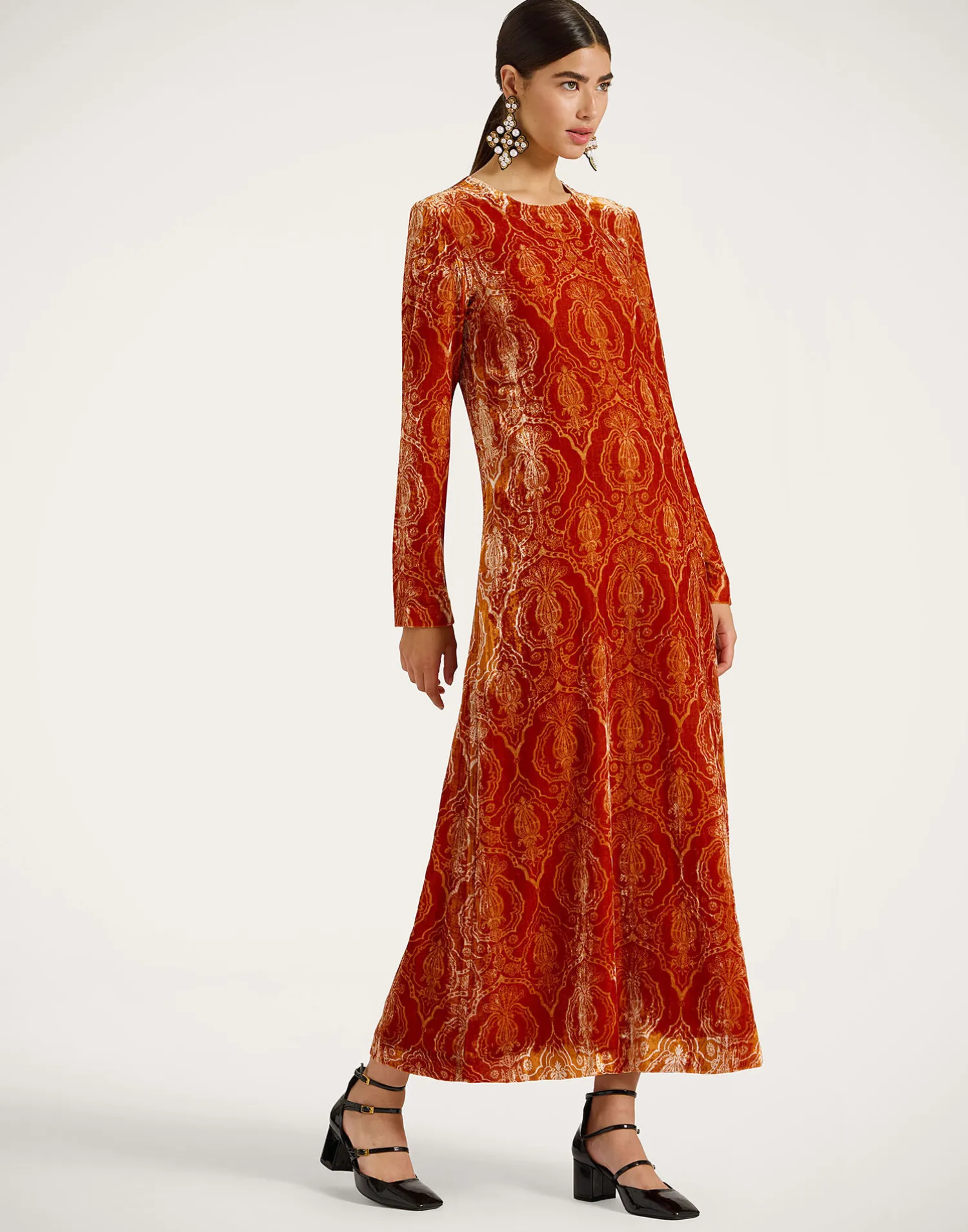 La DoubleJ Vestiti<Long Sleeve Swing DressBanquet Orange in Devoré