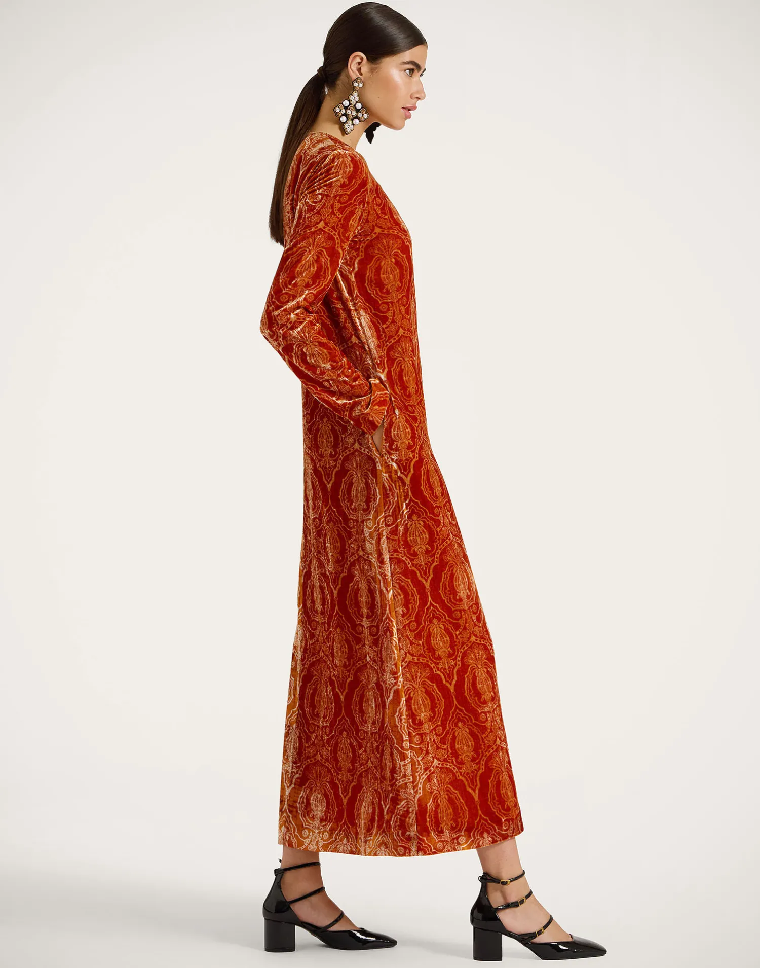 La DoubleJ Vestiti<Long Sleeve Swing DressBanquet Orange in Devoré