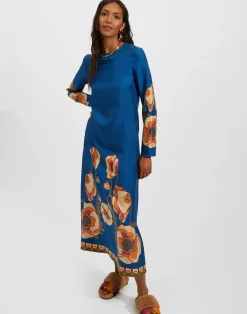 La DoubleJ Vestiti<Long Sleeve Swing DressPoppies Blue Plac&eacute;e in Twill Silk