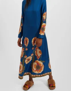 La DoubleJ Vestiti<Long Sleeve Swing DressPoppies Blue Plac&eacute;e in Twill Silk