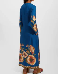 La DoubleJ Vestiti<Long Sleeve Swing DressPoppies Blue Plac&eacute;e in Twill Silk