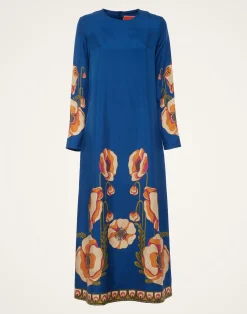 La DoubleJ Vestiti<Long Sleeve Swing DressPoppies Blue Plac&eacute;e in Twill Silk