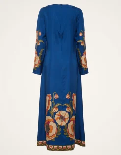 La DoubleJ Vestiti<Long Sleeve Swing DressPoppies Blue Plac&eacute;e in Twill Silk