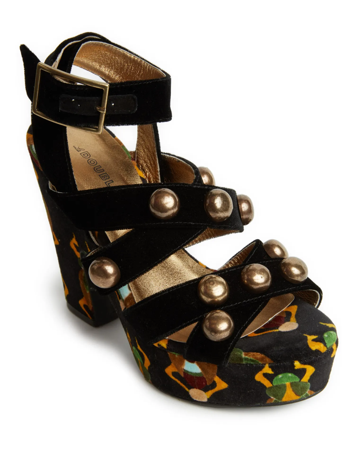 La DoubleJ Scarpe|Accessories<Medal WedgeScarab Black in Faille With Studs