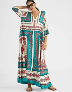 La DoubleJ Vestiti<Muumuu DressDaisy Plac&eacute;e Turquoise in Twill Silk