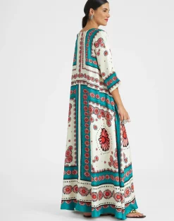 La DoubleJ Vestiti<Muumuu DressDaisy Plac&eacute;e Turquoise in Twill Silk