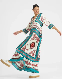 La DoubleJ Vestiti<Muumuu DressDaisy Plac&eacute;e Turquoise in Twill Silk