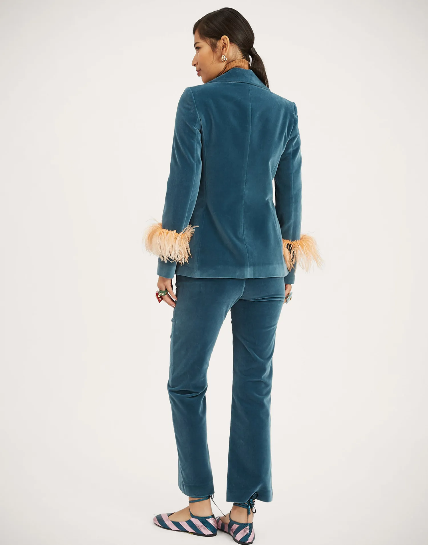 La DoubleJ Pantaloni E Shorts<24/7 PantsLight Blue in Velvet With Feathers