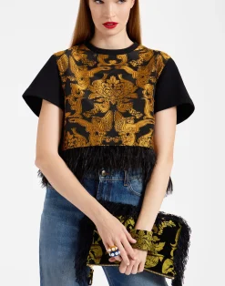 La DoubleJ Accessories|Borse E Pochettes<Party PochetteCherubs Black in Jacquard With Feathers