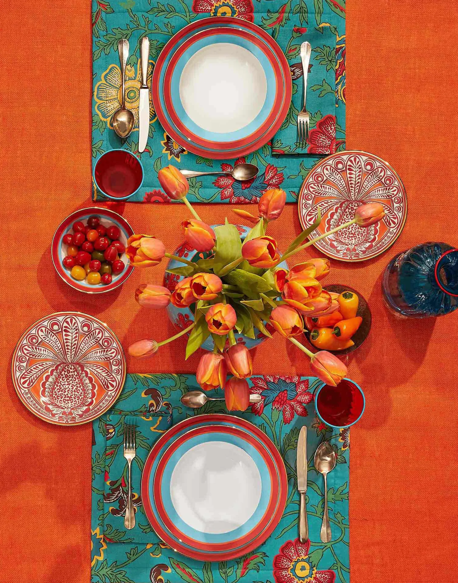 La DoubleJ Runner E Tovagliette|Tessili<Placemat Set Of 2Dragon Flower Turchese in Linen