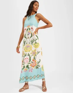 La DoubleJ Vestiti<Racer DressFolk Flowers Azzurro Placée in Viscose Jersey
