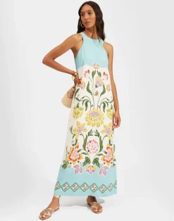 La DoubleJ Vestiti<Racer DressFolk Flowers Azzurro Plac&eacute;e in Viscose Jersey