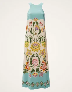 La DoubleJ Vestiti<Racer DressFolk Flowers Azzurro Plac&eacute;e in Viscose Jersey