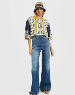 La DoubleJ Camicie E Top<Short ShirtMudejar Plac&eacute;e Blue in Silk Twill