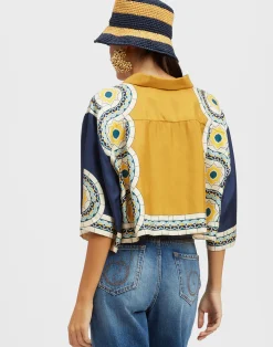La DoubleJ Camicie E Top<Short ShirtMudejar Plac&eacute;e Blue in Silk Twill