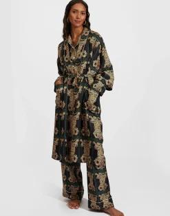 La DoubleJ Loungewear<Silk RobeTiger Tiles Black in Twill Silk