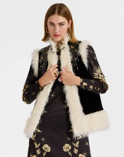La DoubleJ Capispalla<Sleeveless Folk JacketSolid Black in Cotton Velvet Embroidered