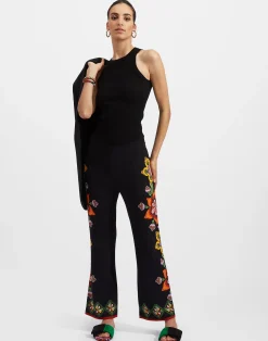 La DoubleJ Pantaloni E Shorts<Stretch PantsFolk Flowers Nero Plac&eacute;e in Viscose Jersey