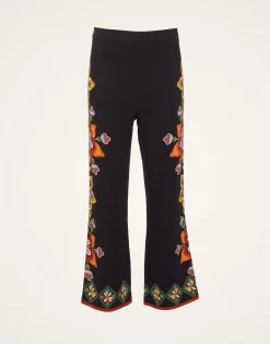 La DoubleJ Pantaloni E Shorts<Stretch PantsFolk Flowers Nero Plac&eacute;e in Viscose Jersey