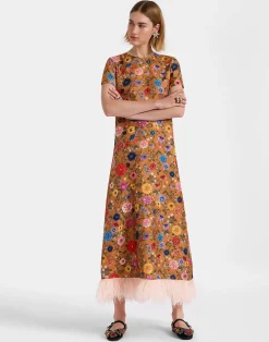La DoubleJ Party Dressing<Swing DressBotticelli Rust in Silk Twill With Feathers