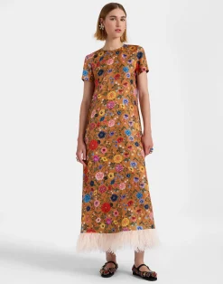 La DoubleJ Vestiti<Swing DressBotticelli Rust in Silk Twill With Feathers