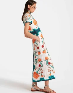 La DoubleJ Vestiti<Swing DressMorpheus Plac&eacute;e Orange in Silk Twill