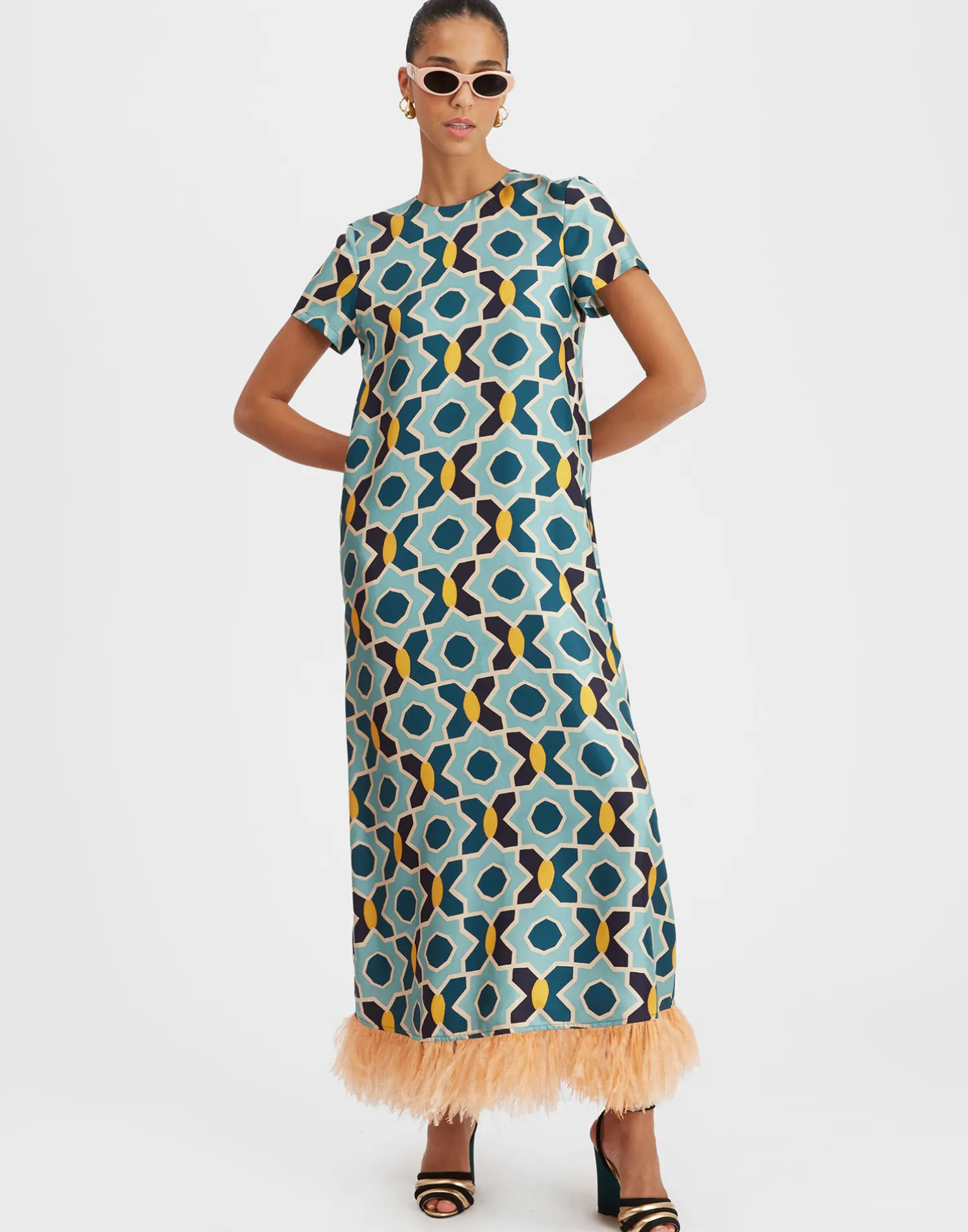 La DoubleJ Vestiti<Swing DressPlaza Light Blue in Silk Twill With Feathers