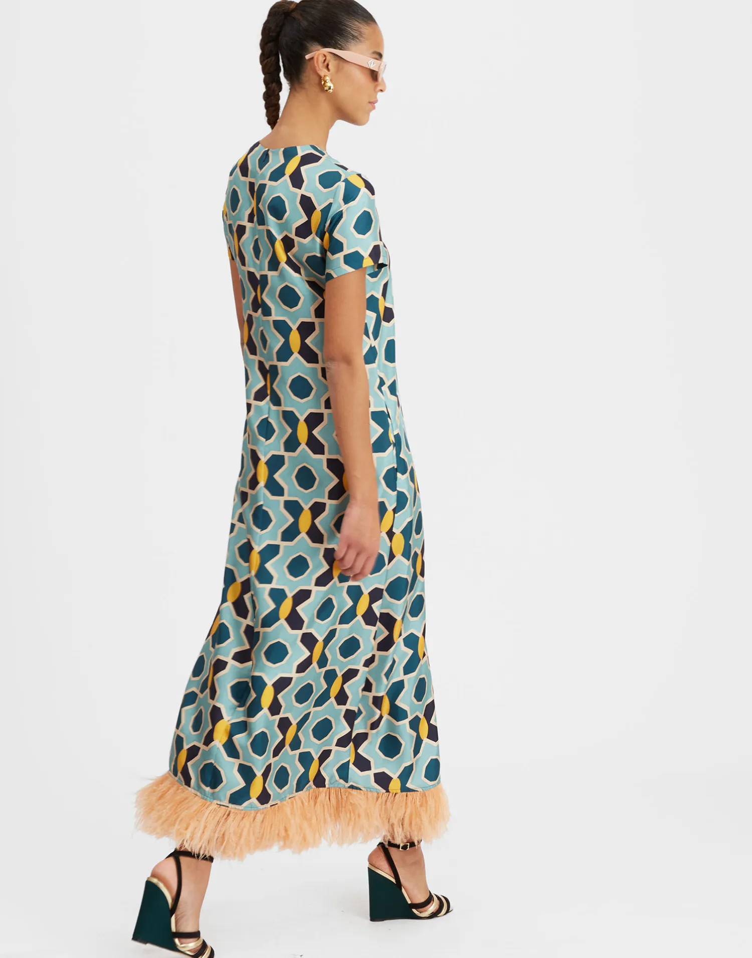La DoubleJ Vestiti<Swing DressPlaza Light Blue in Silk Twill With Feathers