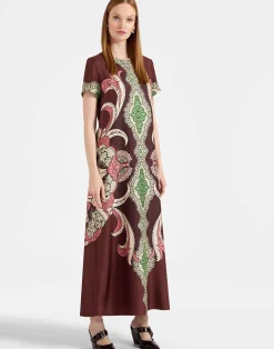 La DoubleJ Vestiti<Swing DressPortal Plac&eacute;e Brown in Silk Twill