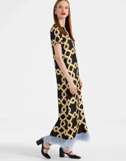 La DoubleJ Vestiti<Swing DressTackle Black in Silk Twill With Feathers