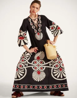 La DoubleJ Vestiti<Viviana DressMedallion Plac&eacute;e Black in Cotton Voile