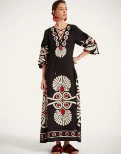 La DoubleJ Vestiti<Viviana DressMedallion Plac&eacute;e Black in Cotton Voile