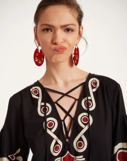 La DoubleJ Vestiti<Viviana DressMedallion Plac&eacute;e Black in Cotton Voile