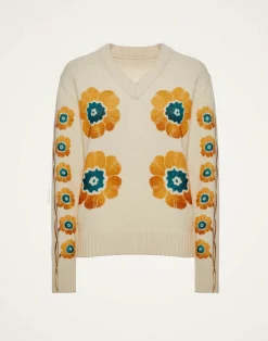 La DoubleJ Maglieria<V-Neck Boy SweaterDaisychain Plac&eacute;e Off White in Wool Cashmere