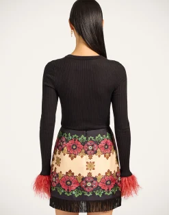 La DoubleJ Maglieria<V-Neck High Kick TopSolid Black in Ribbed Silk Cashmere With Feathers