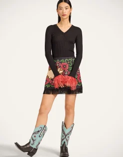 La DoubleJ Maglieria<V-Neck High Kick TopSolid Black in Ribbed Silk Cashmere With Feathers