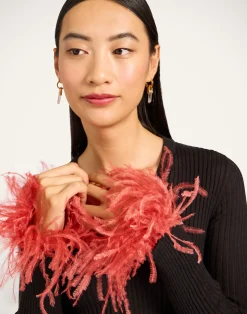 La DoubleJ Maglieria<V-Neck High Kick TopSolid Black in Ribbed Silk Cashmere With Feathers