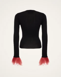 La DoubleJ Maglieria<V-Neck High Kick TopSolid Black in Ribbed Silk Cashmere With Feathers