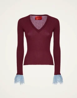La DoubleJ Maglieria<V-Neck High Kick TopSolid Burgandy in Ribbed Silk Cashmere With Feathers