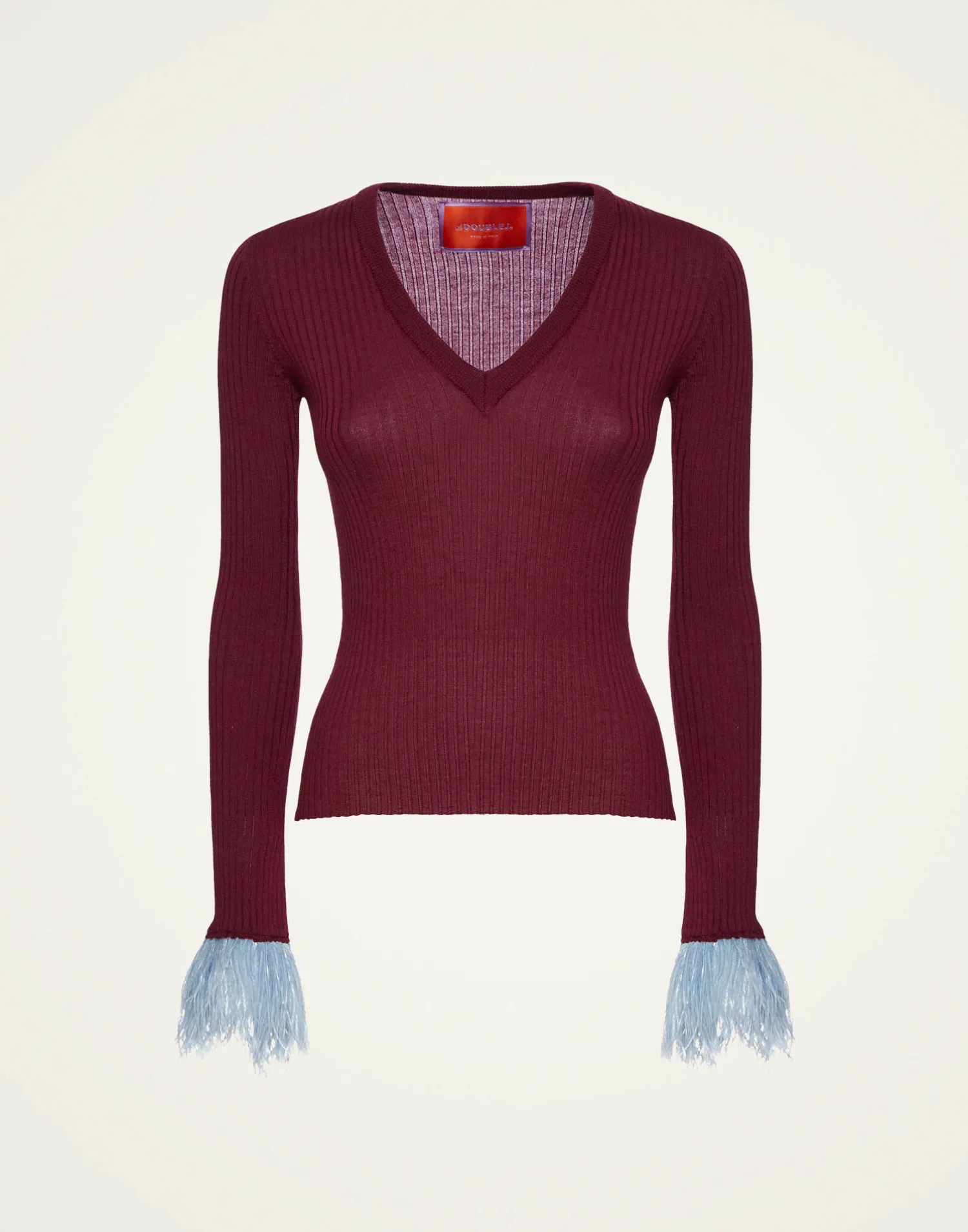 La DoubleJ Maglieria<V-Neck High Kick TopSolid Burgandy in Ribbed Silk Cashmere With Feathers