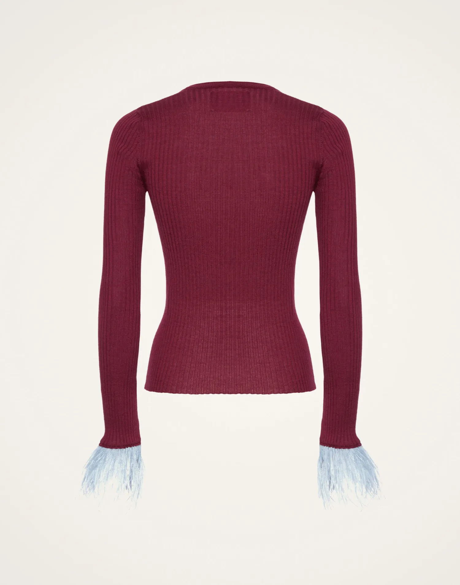 La DoubleJ Maglieria<V-Neck High Kick TopSolid Burgandy in Ribbed Silk Cashmere With Feathers